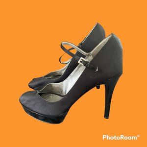 Guess Black Satin Platform Peep Toe Heels